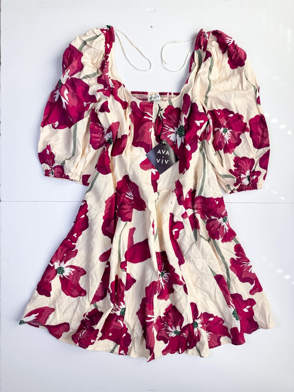 Ava & Viv Cream Dress with Berry Floral Print and Puff Sleeves